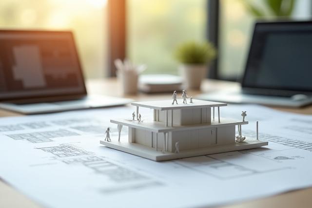 Modell eines modernen Gebäudes auf einem Zeichentisch, umgeben von Bauplänen und Architektenwerkzeugen.