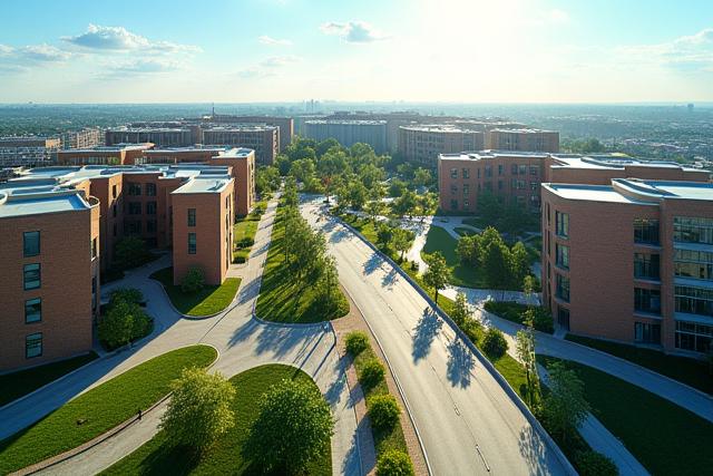 Übersichtsaufnahme einer modernen Stadtentwicklung mit Grünflächen und gut geplanten Gebäuden.