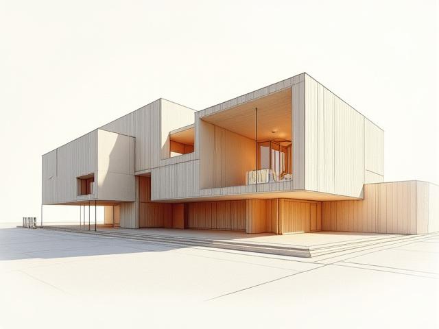 Eine detaillierte architektonische Skizze, die den Weg von abstrakten Ideen zur konkreten Form in einem modernen Gebäude zeigt. Beleuchtet durch weiches Studiolicht.